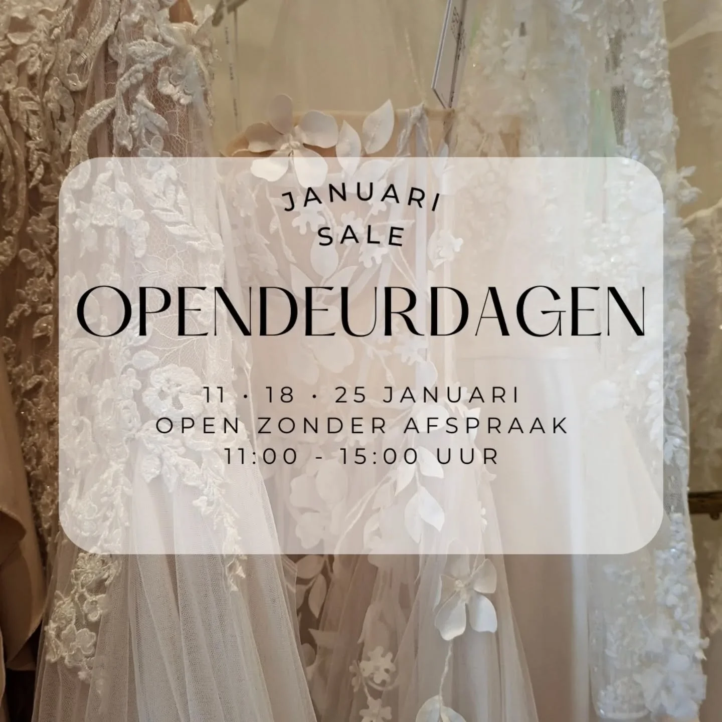 JANUARI SALE 🤍

 

De hele maand januari kan je bij ons terecht voor pasmodellen met 25-50% korting.

Liever zonder afspraak langskomen? Dat kan tijdens onze drie opendeurdagen op 11, 18 en 25 januari van 11:00 tot 15:00 uur. Kom gerust binnen om on