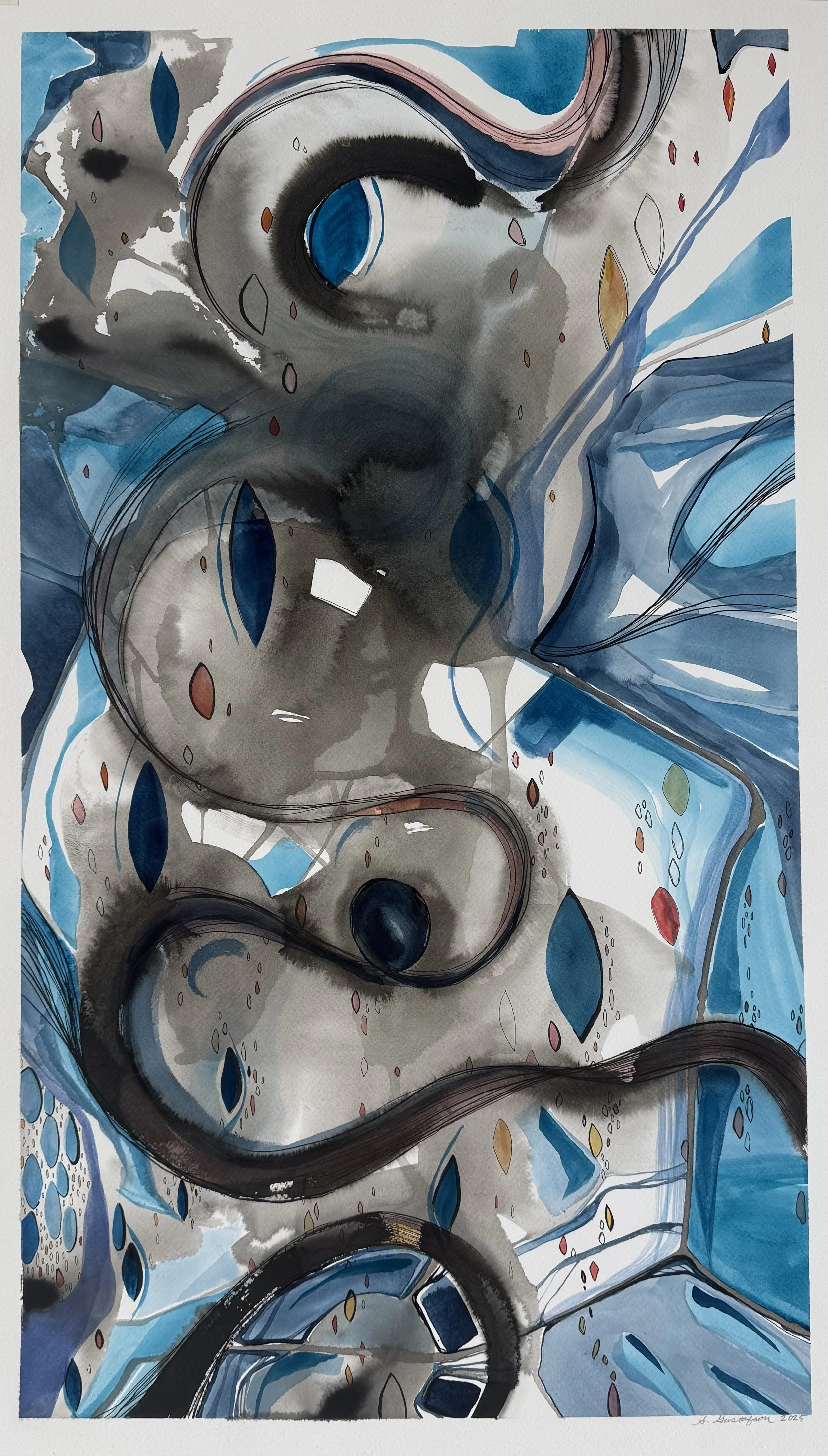 Title- "Flow"....
"Flow" expresses sorrow—a quiet, internal movement shaped by water, gravity, and time. Soft edges, cool blues, and suspended forms evoke a sense of drifting, of being carried by something larger than oneself. It reflects surrender, 