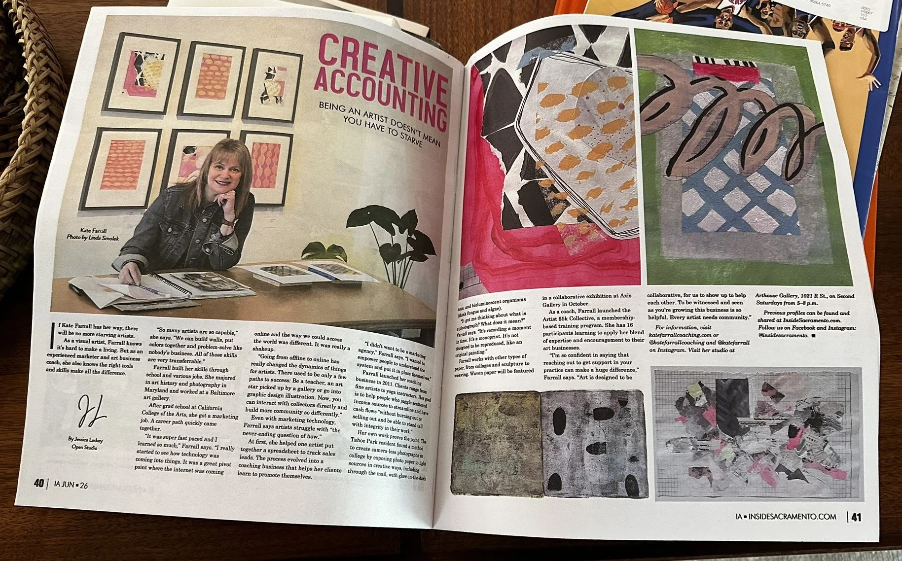 Photo of the newspaper article, “Creative Accounting” by Inside Sacramento’s Jessica Laskey, featuring artist and business coach for artists, Kate Farrall