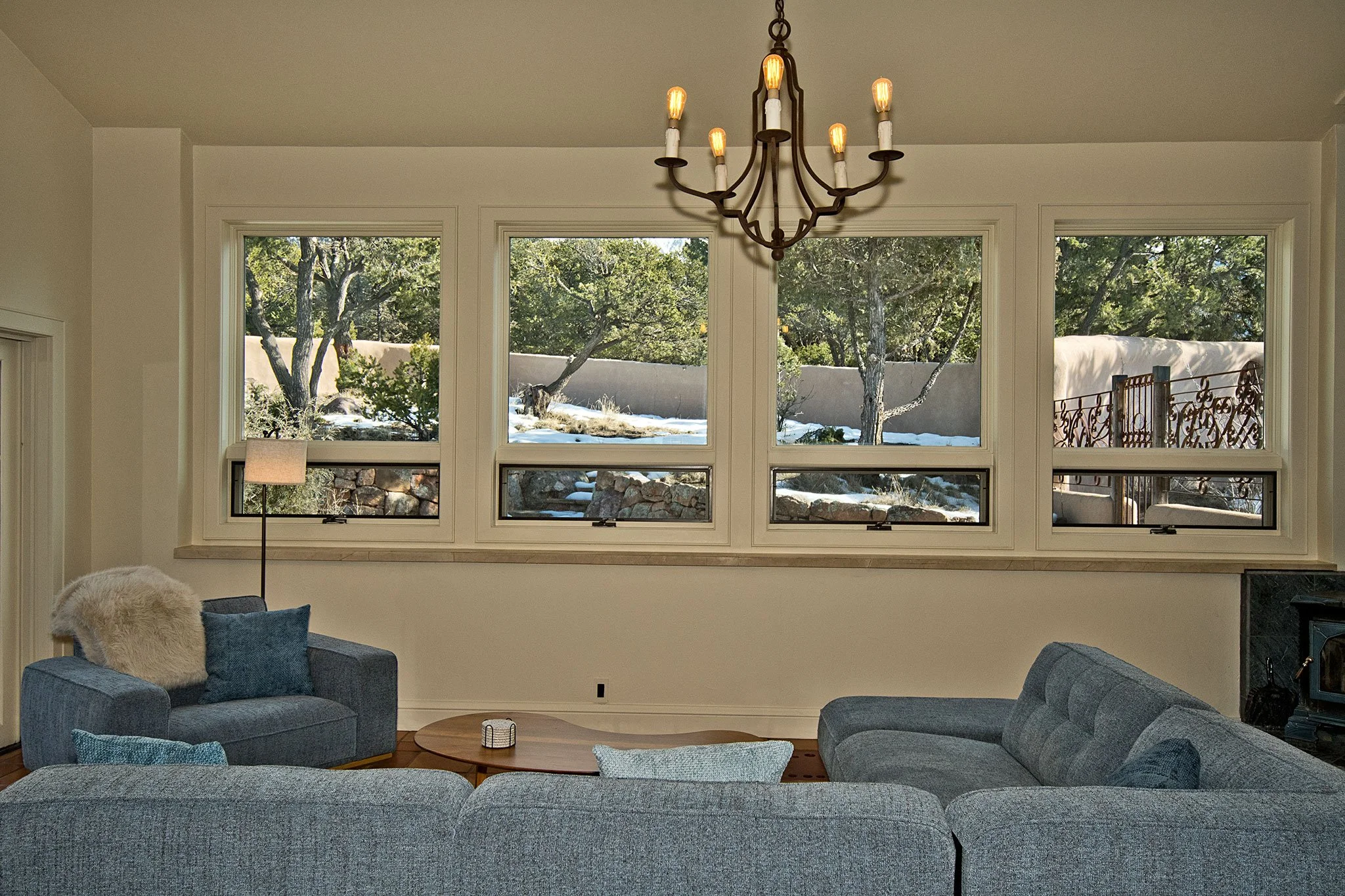 Living Area with Cozy Couch and Stunning Views of the Sangre de Cristo Mountains