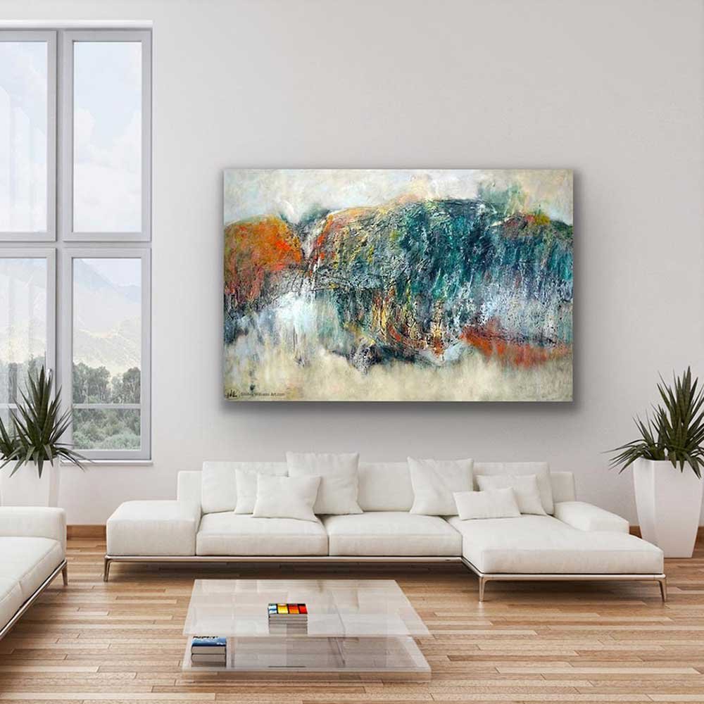 Emerald Mountain painting shown over a white sofa