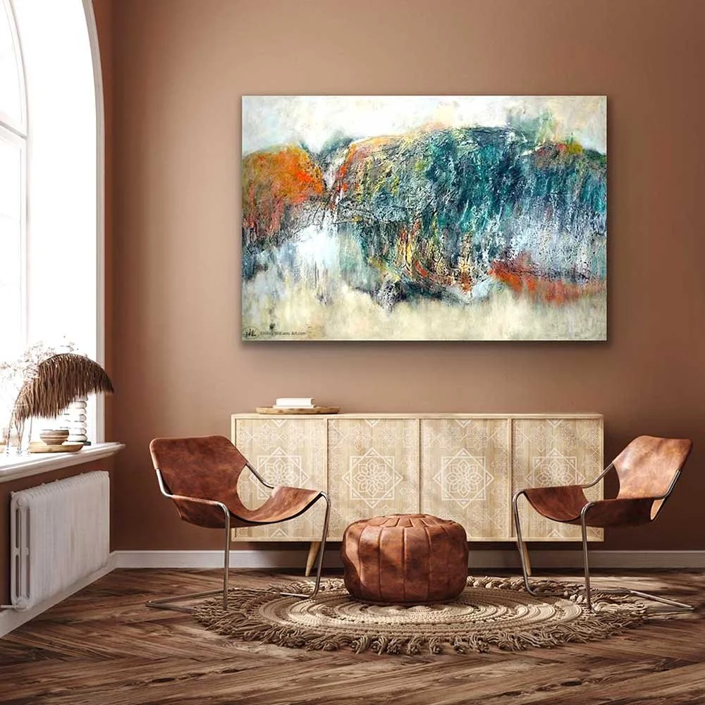Emerald Mountain painting shown over a side table