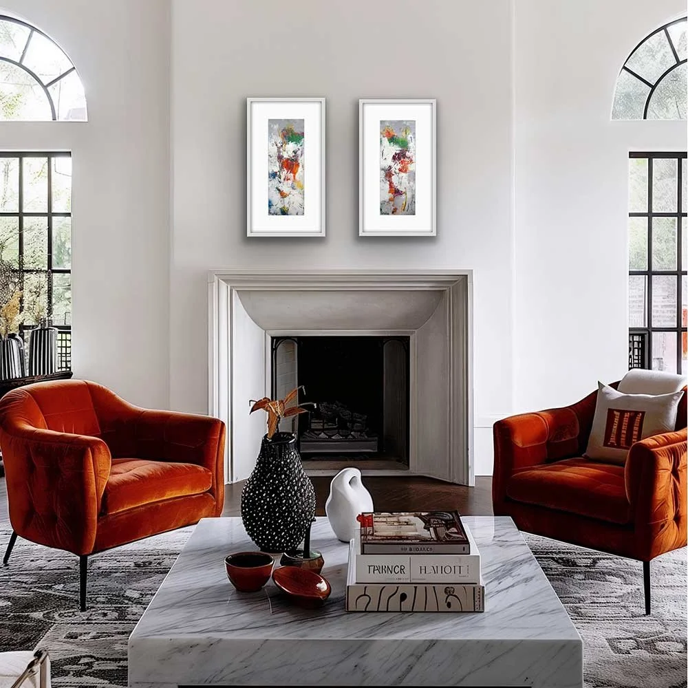 Diptych of two Field of Dream artworks over fireplace