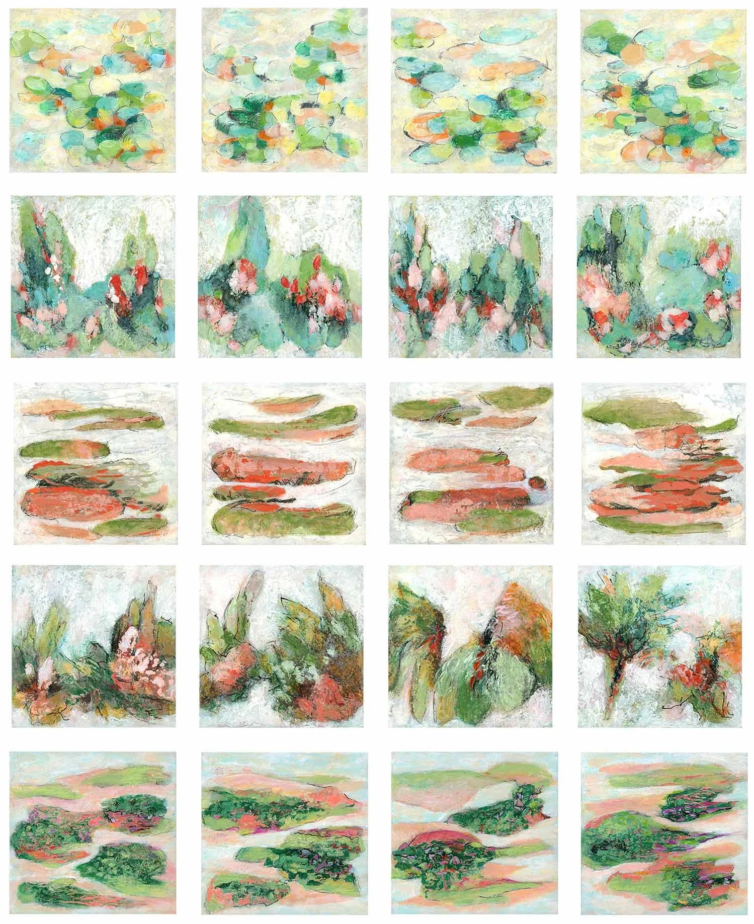20 small green paintings in the living color series by shirley williams