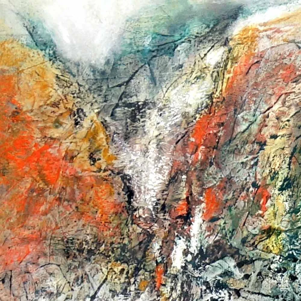 Orange and green details of Emerald Mountain painting