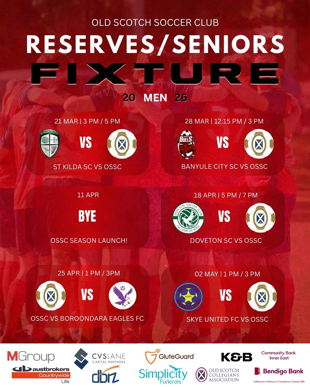 Get pumped - the Men&rsquo;s Seniors and Reserves fixture is out! 💪🏼⚽️

Add the games to your calendar and come down and support us 🗓️