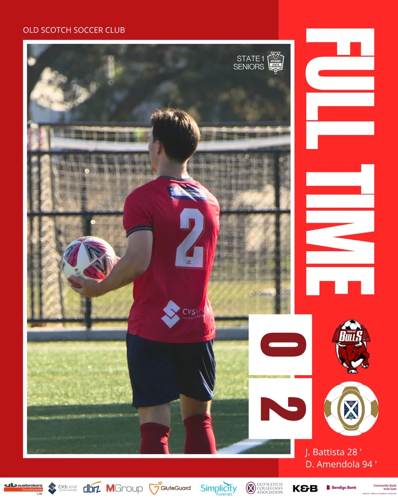 What a win from the Men&rsquo;s Seniors in the wet this afternoon!! 💪🏼🏆 

Goal Scorers:
⚽️ Jacob Battista 
⚽️ Daniel Amendola 

Unfortunately the Men&rsquo;s Reserves was postponed due to the weather 🌧️