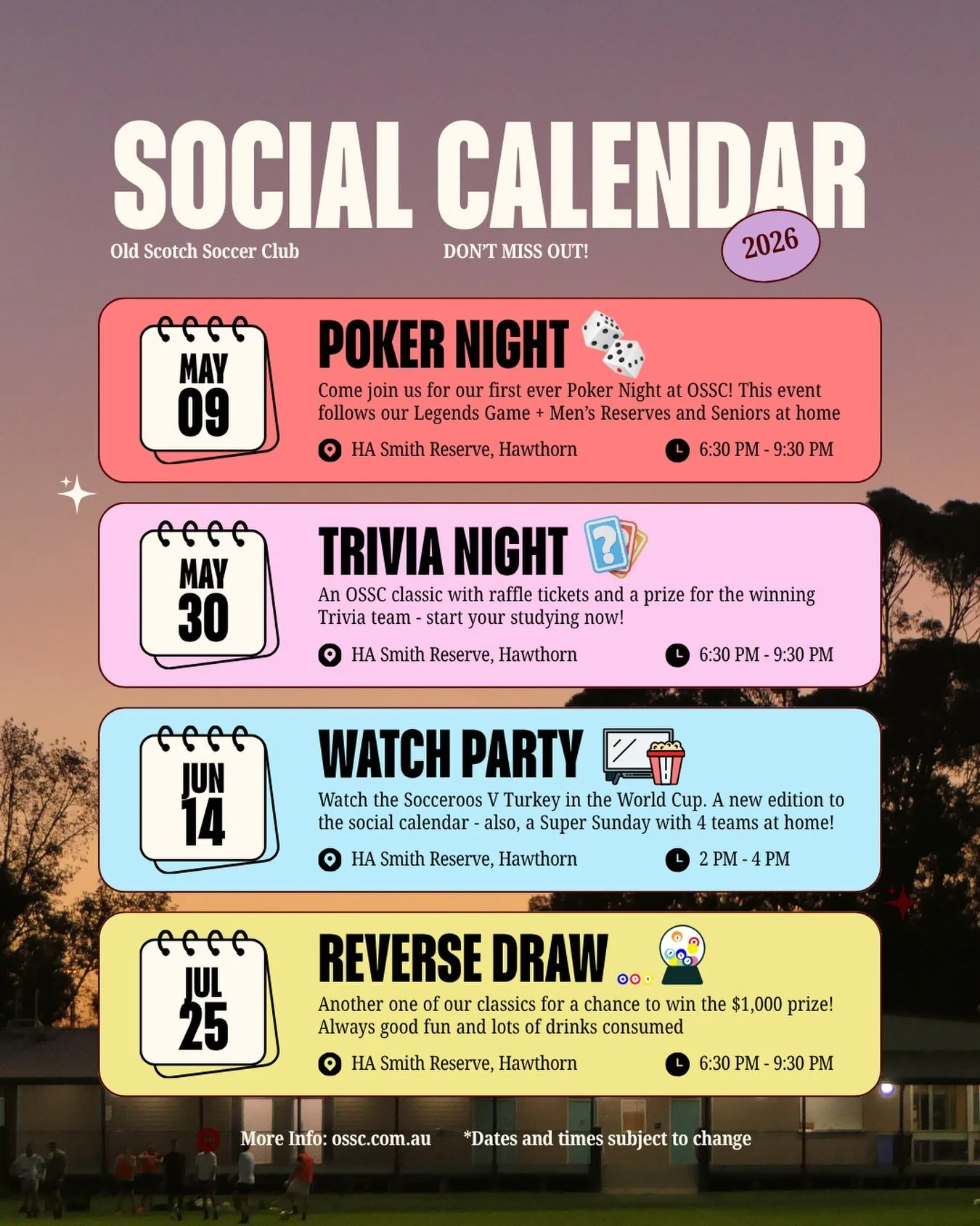 Our 2026 Social Calendar is here 📣 Save these dates to your calendars now!!

Ticket link for Poker Night will be posted soon so keep an eye out. Dates for Sausage Sizzle and Presentation night are still TBC