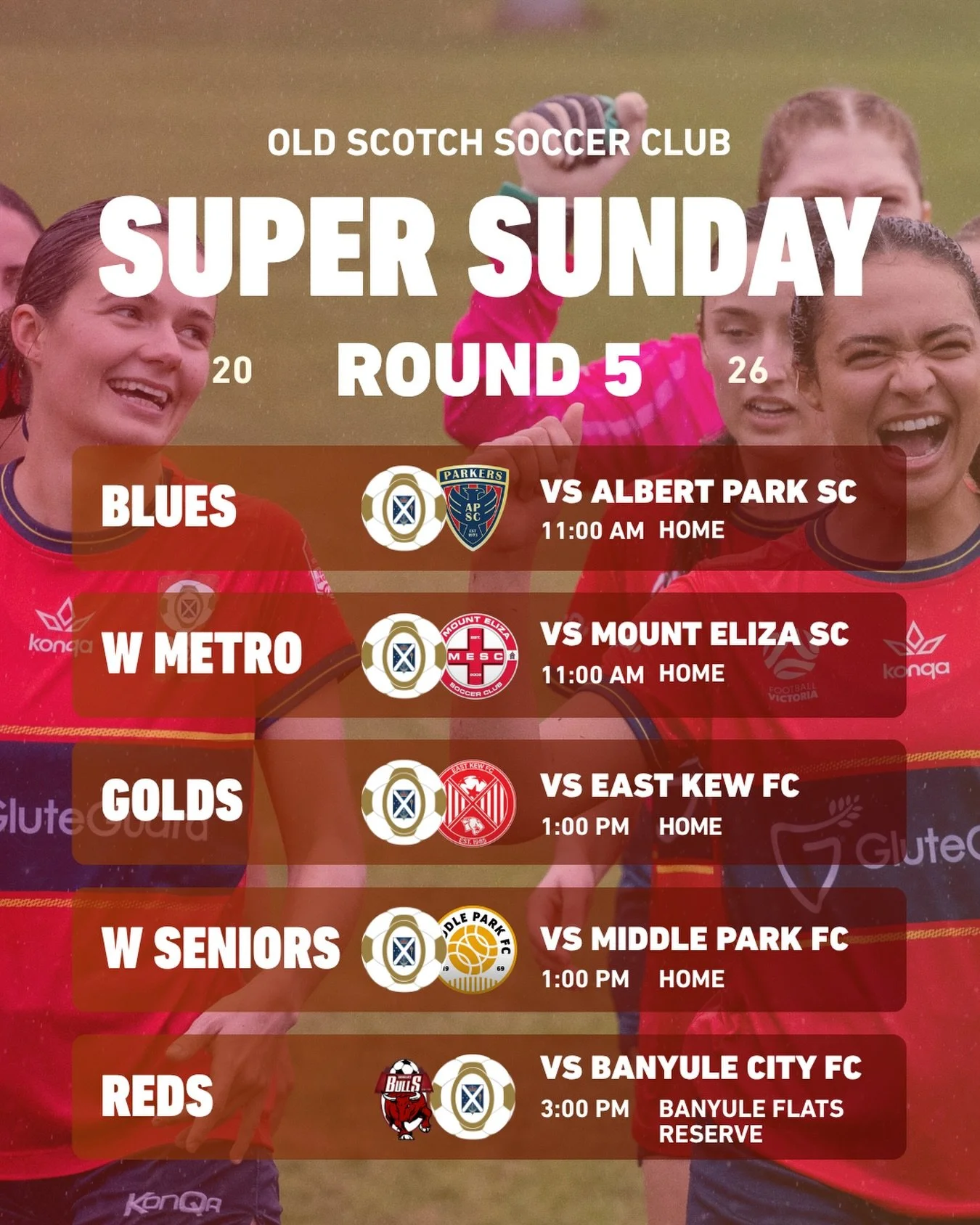 SUPER SUNDAY👀🚨

4 teams at home this weekend and the Reds away at Banyule! Come down and support us all + canteen will be open😉