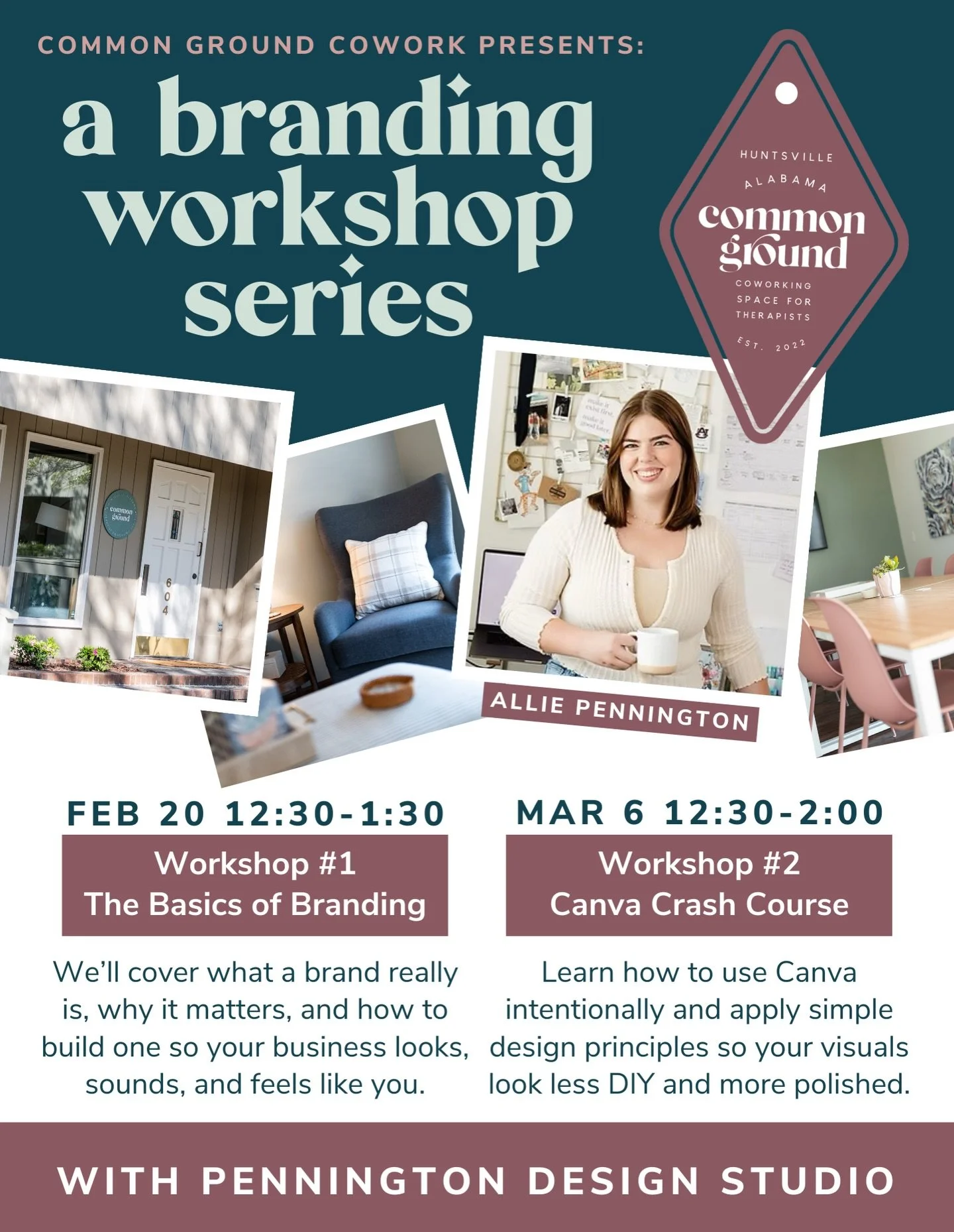 We&rsquo;re so excited to team up with Allie Pennington of @penningtondesignstudio for our upcoming Branding Workshop Series created just for Common Ground members! 

We have two great events lined up to support you with branding clarity and Canva de