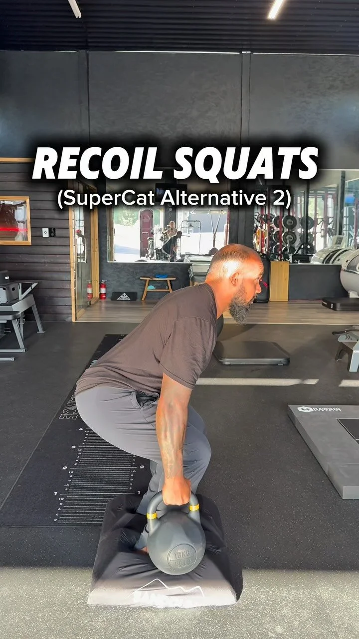 Recoil Squats — overload the landing, explode the rebound.
This isn’t just jumping with weight — it’s about catching force and redirecting it instantly.
You let go midair, reload before you hit depth, and drive back up like a