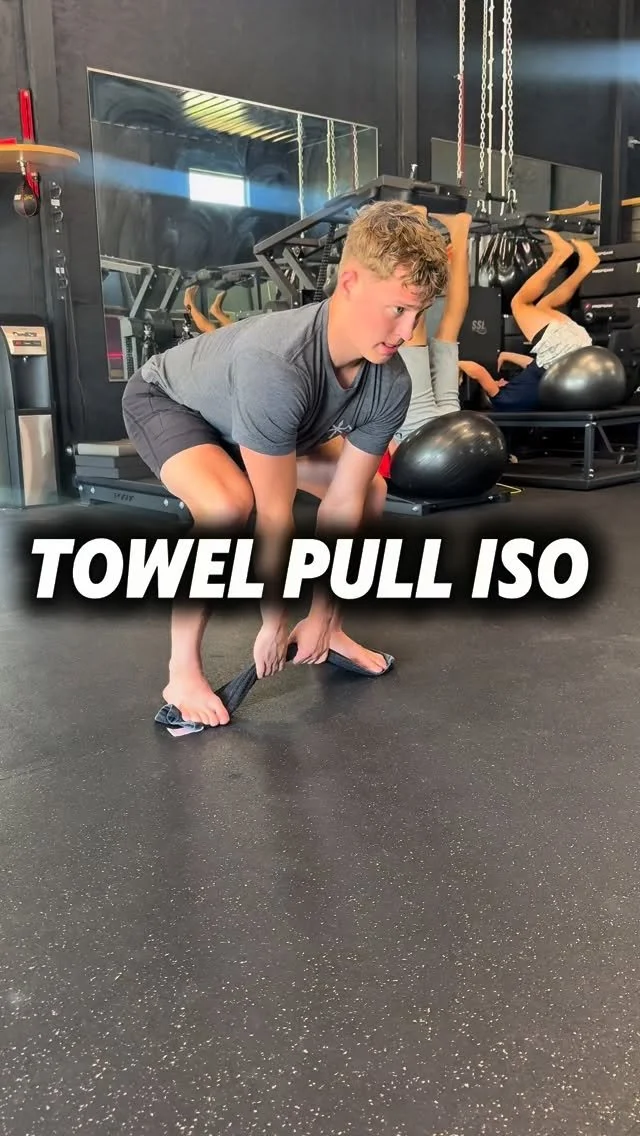 The Towel Pull Iso has a really unique neuromuscular quality:
It trains maximal intent without movement — the athlete is producing as much force as possible into the ground, but the towel’s resistance prevents motion. This creates a clos