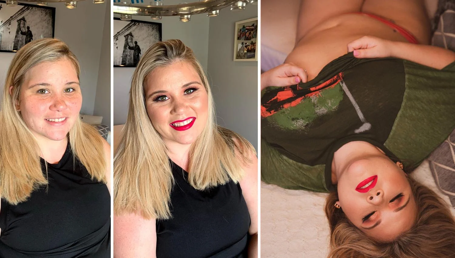Woman with bright red lips poses for before and after hair and makeup.