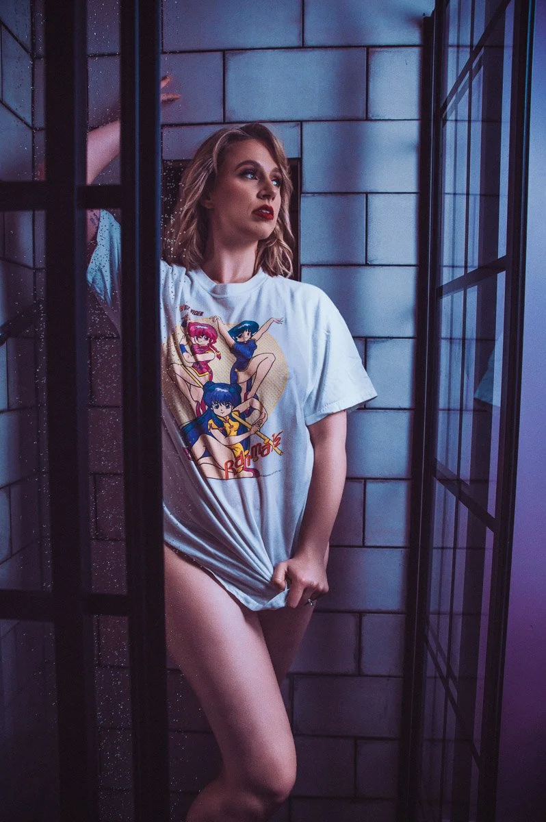 Hip young Decatur mom does boudoir photos in shower scene at My Boudoir Atlanta.