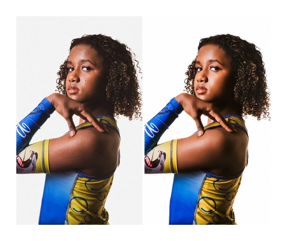 Before and after photoshop portrait for skin and hair retouch.