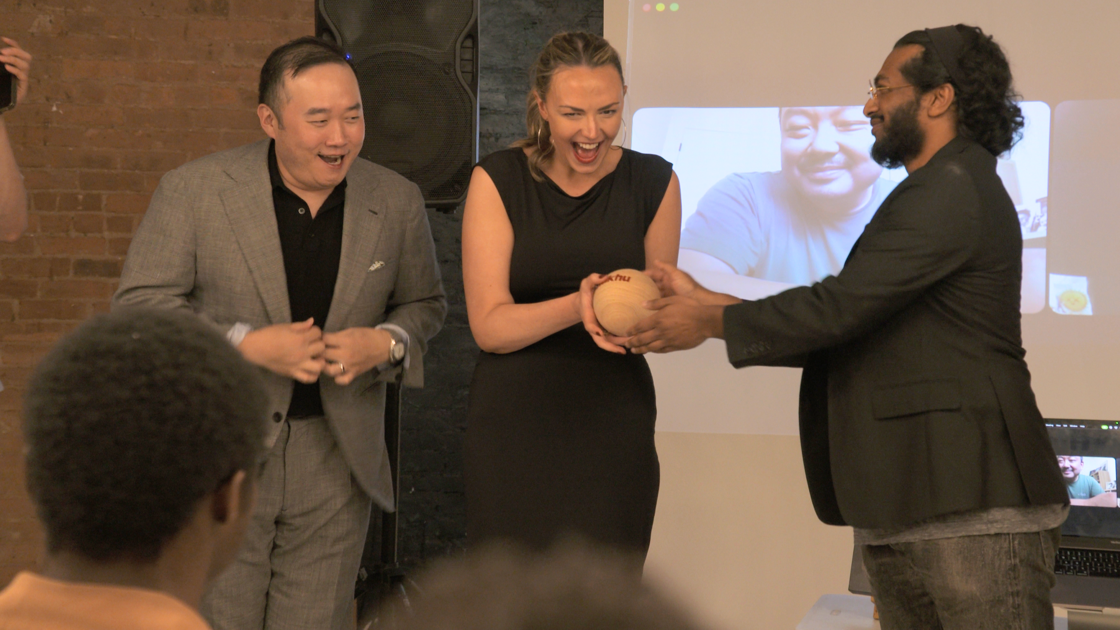 Nukhufest 2026 · Mac Miller’s “Balloonerism,” directed by Samuel Jerome Mason, received the Grand Jury Prize, independently selected by the festival jury from the Finalists. Pictured at the awards ceremony are members of the team, including CG Supervisor Rich Kim (left) and Producer Heather Harden (second from left), with the handcrafted Nukhu ball.