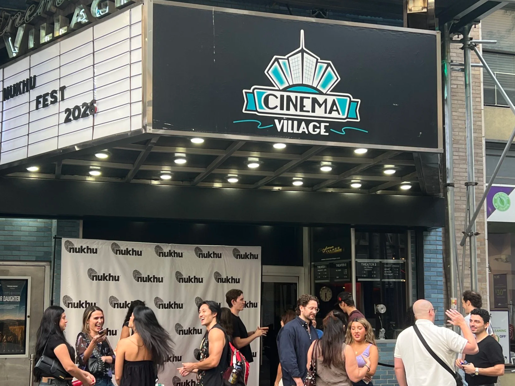 September 2026 · Outside Cinema Village, New York City, following a Nukhufest screening. Daytime exterior.