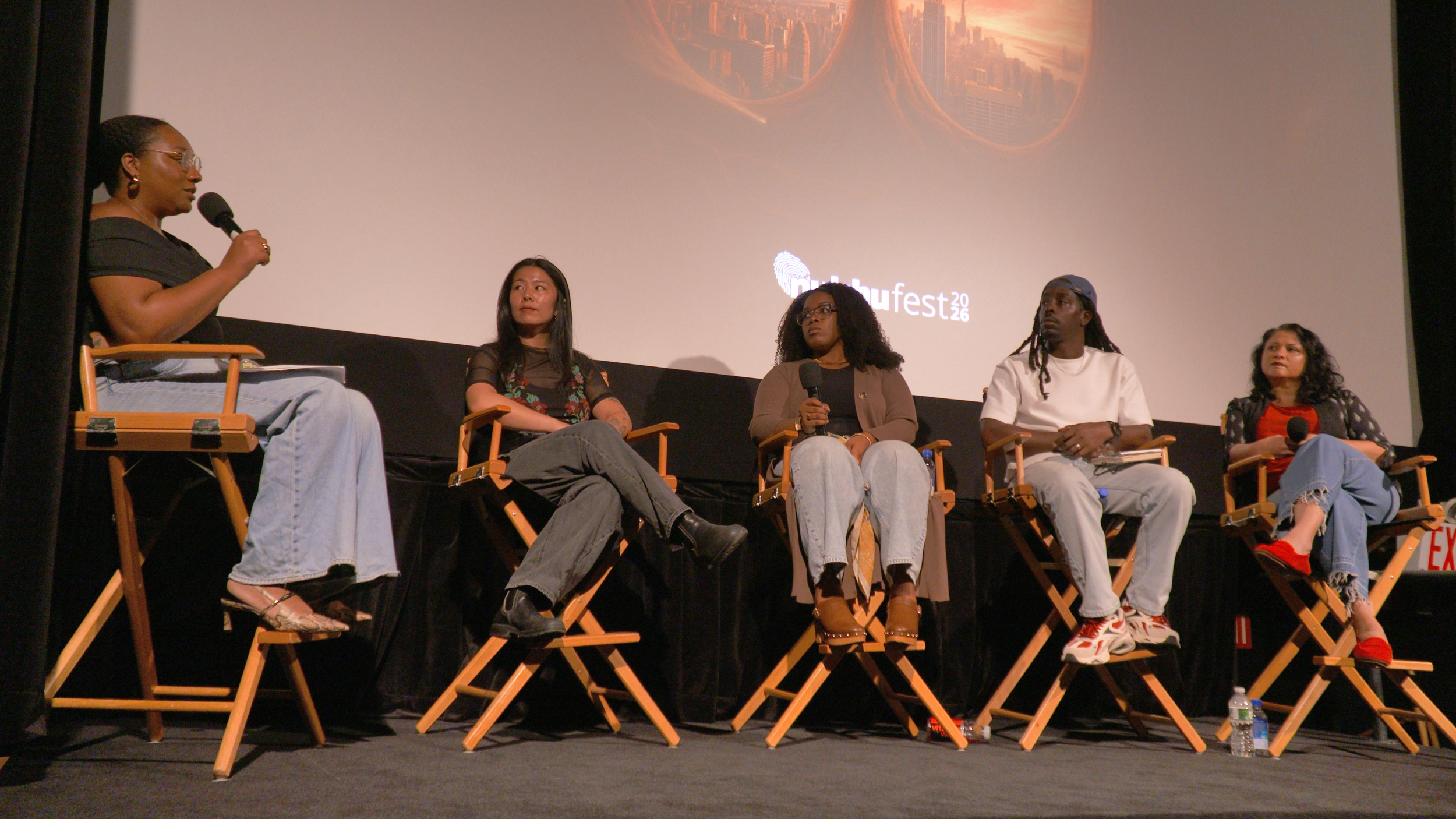 Nukhufest 2026 · “Community Is Infrastructure” at Cinema Village, New York City. Moderator: LaChelle Chrysanne, writer, producer, director and Nukhu Foundation Board member. Panelists: Kitty Hu (Shoes Off Media / A-Doc), Brittany Franklin (Minorities in Film / MiFILM), Brandon Nick (Film Festival Friends / The Each-Other Project), and Prerana Thakurdesai (Bitchitra Collective). The discussion explored community access, identity, professional sustainability, peer support, resources and collective power.