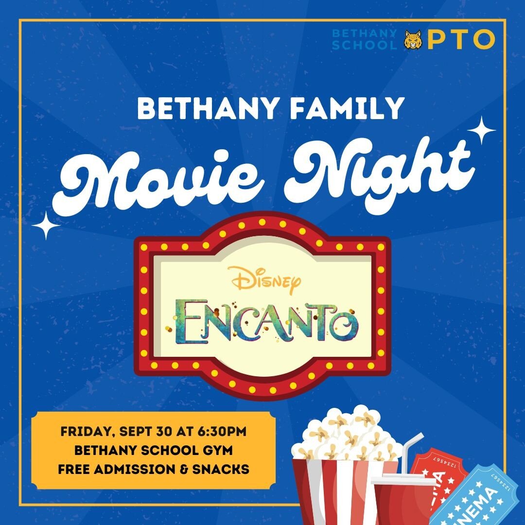 Join us Friday, Sept 30 at 6:30pm for a family movie night, featuring Encanto! 

Admission and snacks are free, provided by the PTO. We're excited to have our first movie night in several years - we hope you can join us! 

Kids are welcome to wear PJ