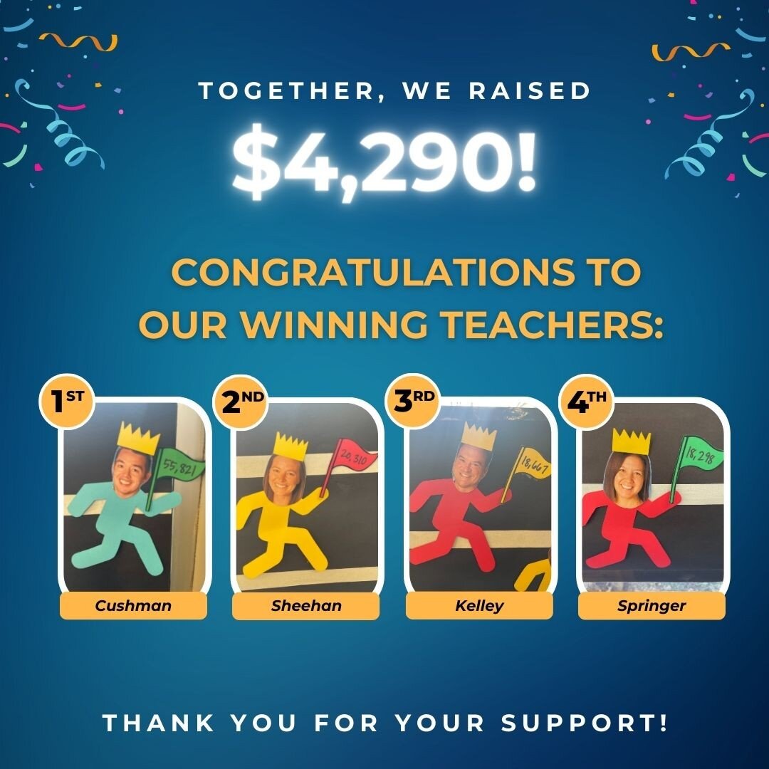 The Dollar War was a huge success! Together, we were able to exceed our goal and raise $4,290 for the installation of a new playground Crest Climber.

Next Friday, our students will enjoy music at lunch and recess, and the top four teachers&mdash;Cus