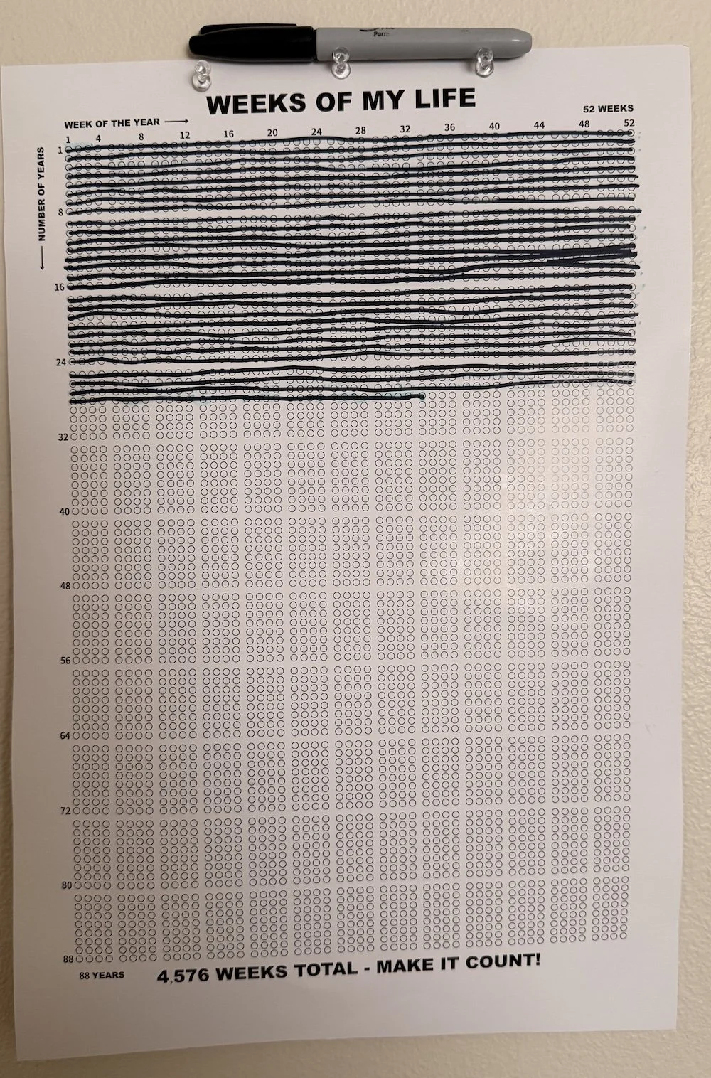 A life calendar containing 4,576 circles (each representing a week) in an 88-year-long life. The calendar is filled up to age 28 and a half.