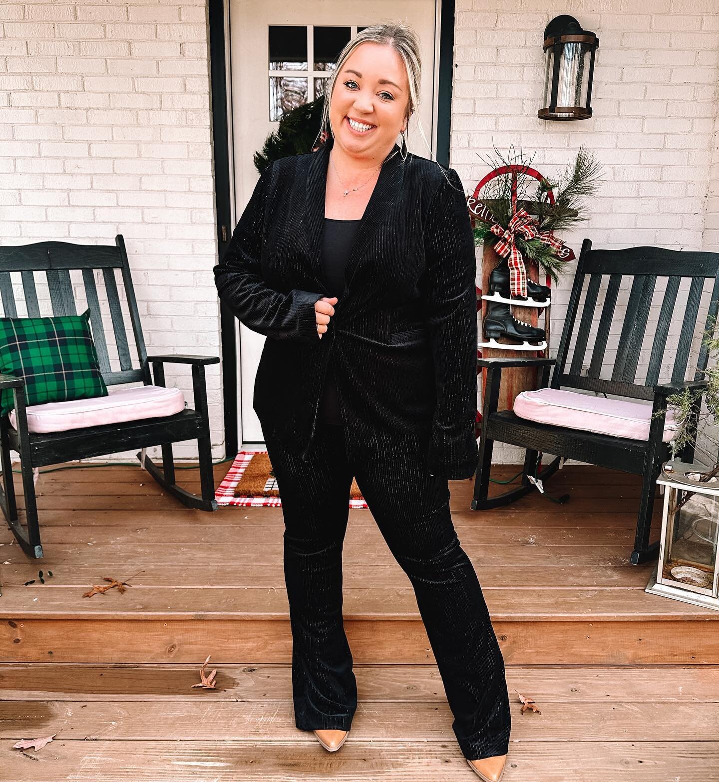 I&rsquo;ll be wearing this everyday from here on out! Love this beautiful @walmartfashion velour blazer and flares so much! You will be the best dressed at your holiday parties! I also got this adorable plaid dress from @walmart that would be perfect