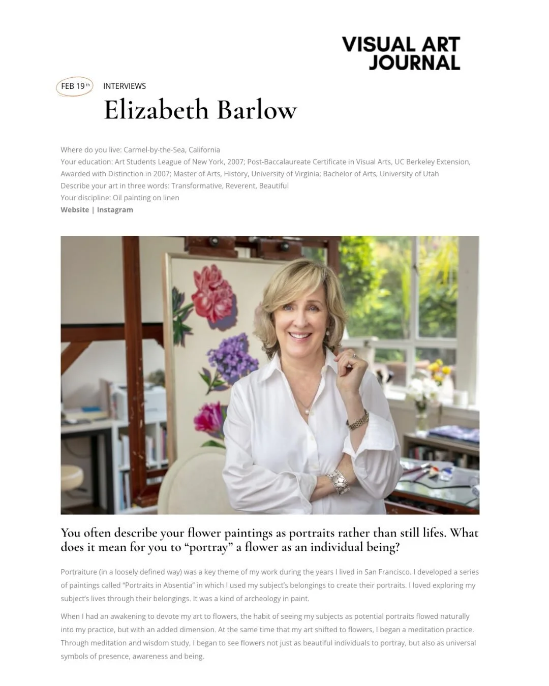 Recently, I had the great pleasure of being interviewed for @visualartjournal magazine.  It&rsquo;s such a delight when a writer asks a question I haven&rsquo;t explored much before.  Thoughtful questions help me look at my work and practice more dee