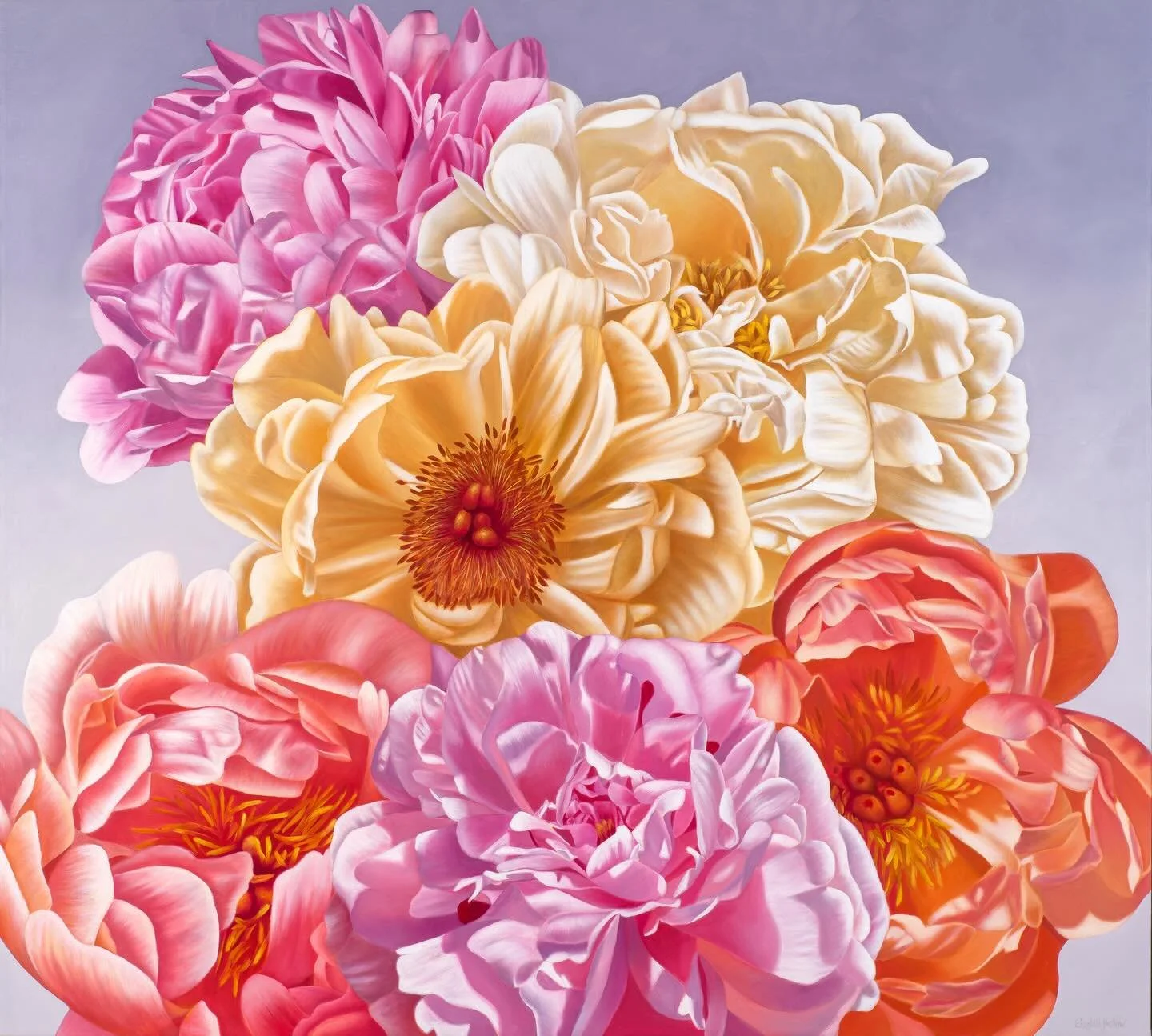 This is &ldquo;Gladden II,&rdquo; newly installed in the collector&rsquo;s home.  These peonies are symbols of nature&rsquo;s blessings that gladden our hearts and spirits, and that are always awaiting our attention.  Swipe through to see the long jo