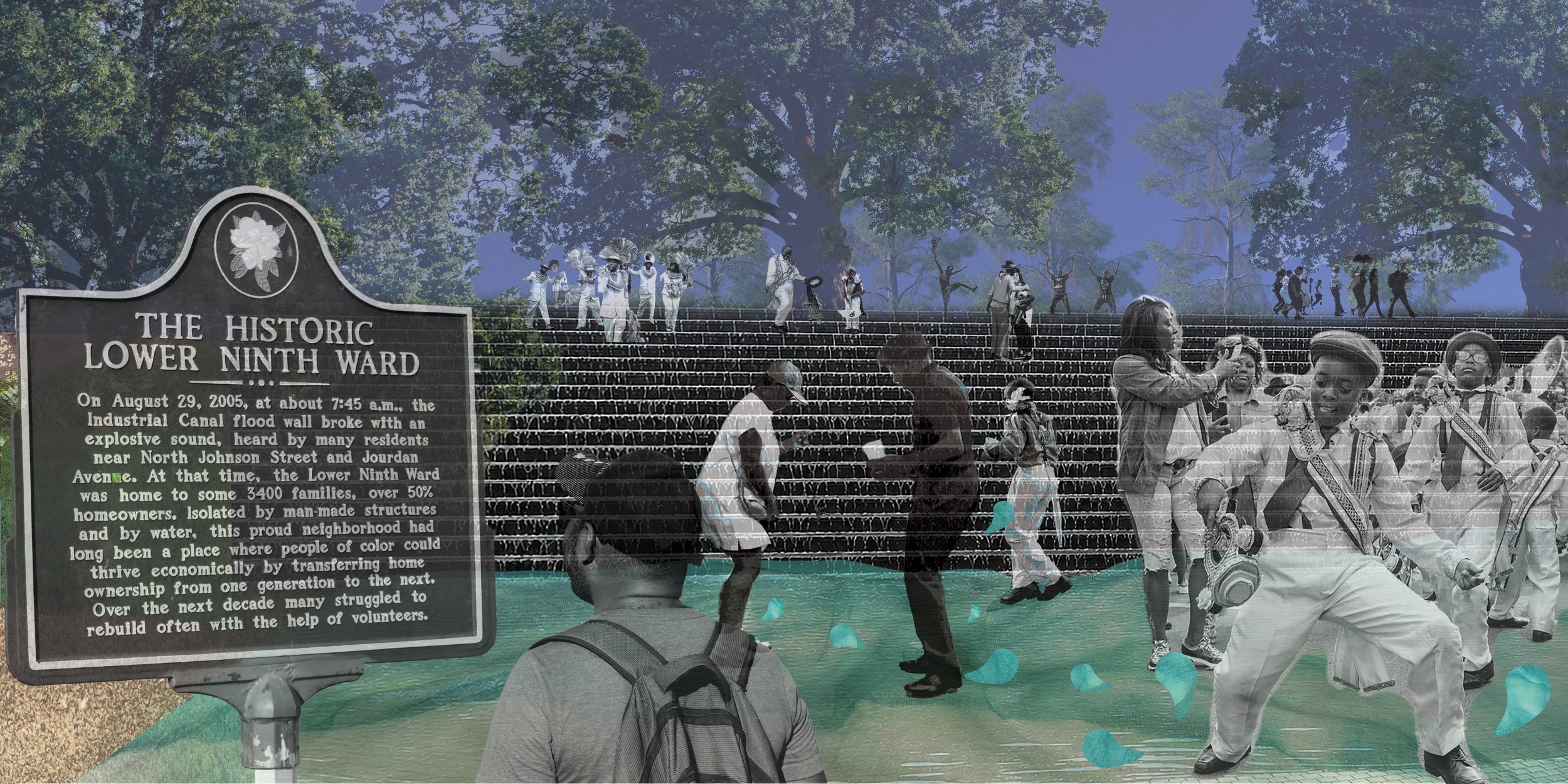 “Eternal Seeds Memorial Plaza” redesign collage includes photographs by David Joshua Jennings and granite wall image generated by OpenAI’s ChatGPT (GPT-5.6 Luna) based on PWP Landscape Architecture’s photo of Jamison Square 