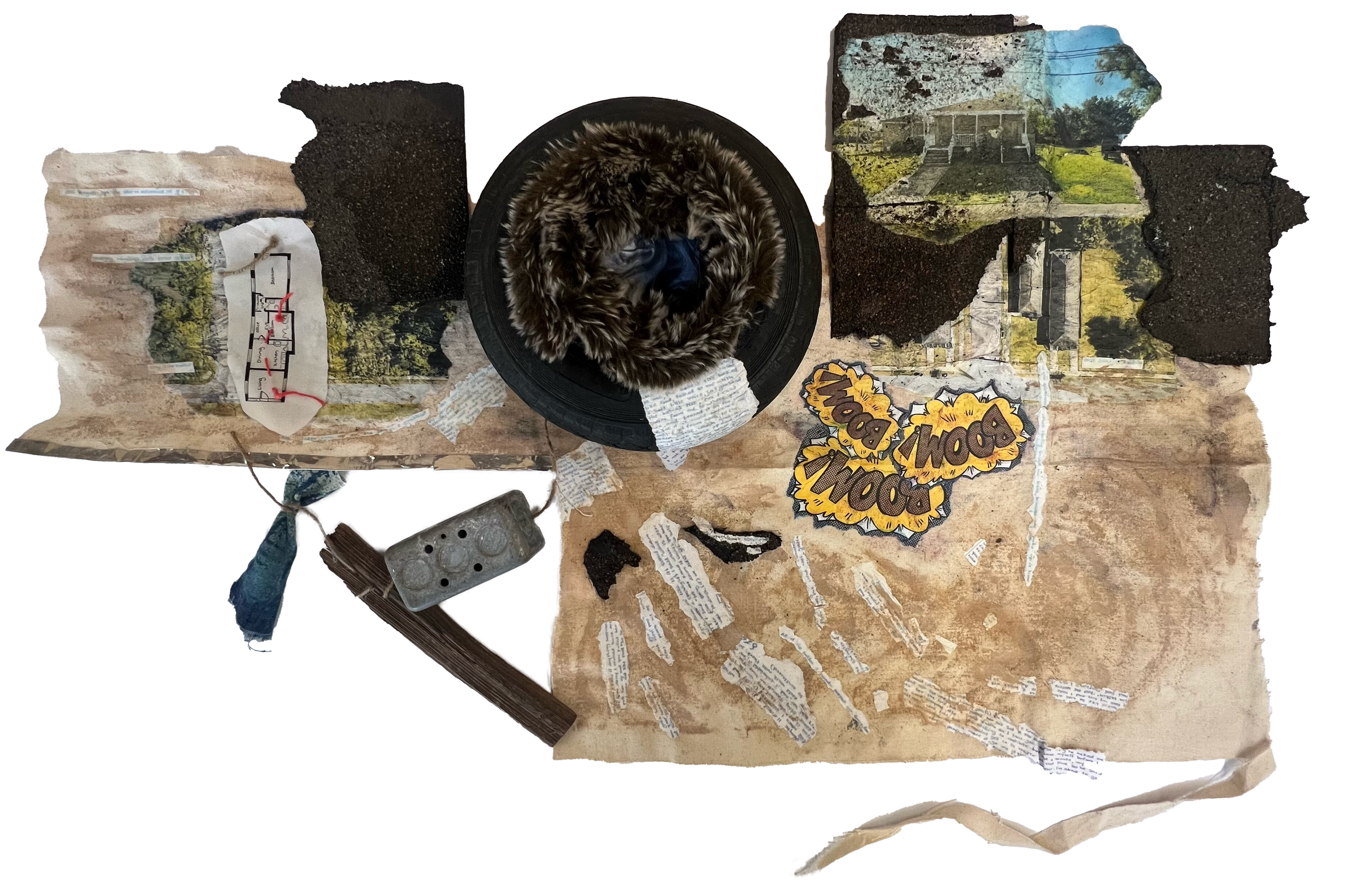 "Listening to Gary's Katrina," a somatic site analysis mapping my interpretation of a post-Katrina oral history with shingles, tire, wood, metal, mud, and wheat paste on canvas