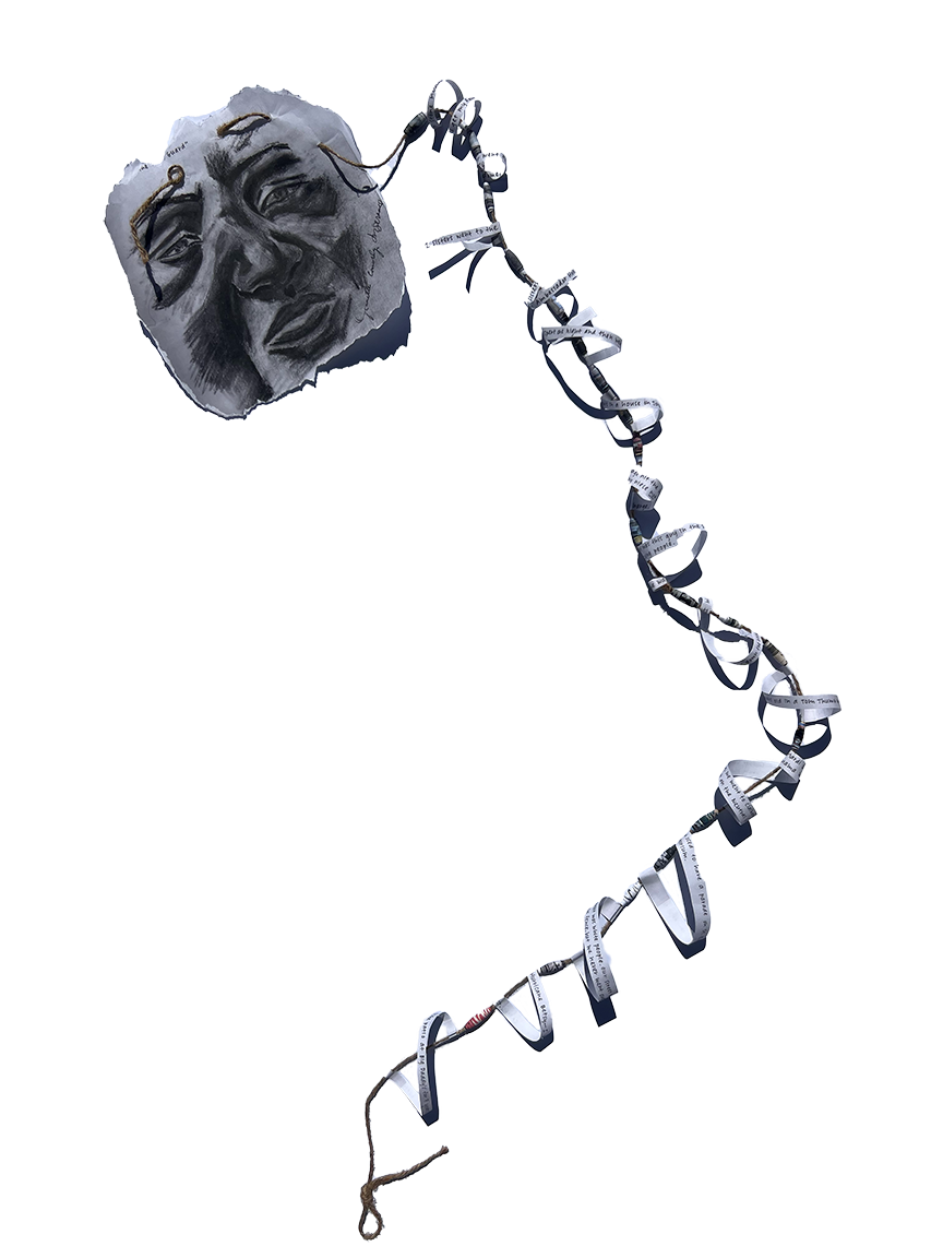 "Memory Beads," a somatic site analysis mapping my interpretation of a post-Katrina oral history; collage includes portrait illustration by Francesco di Santis