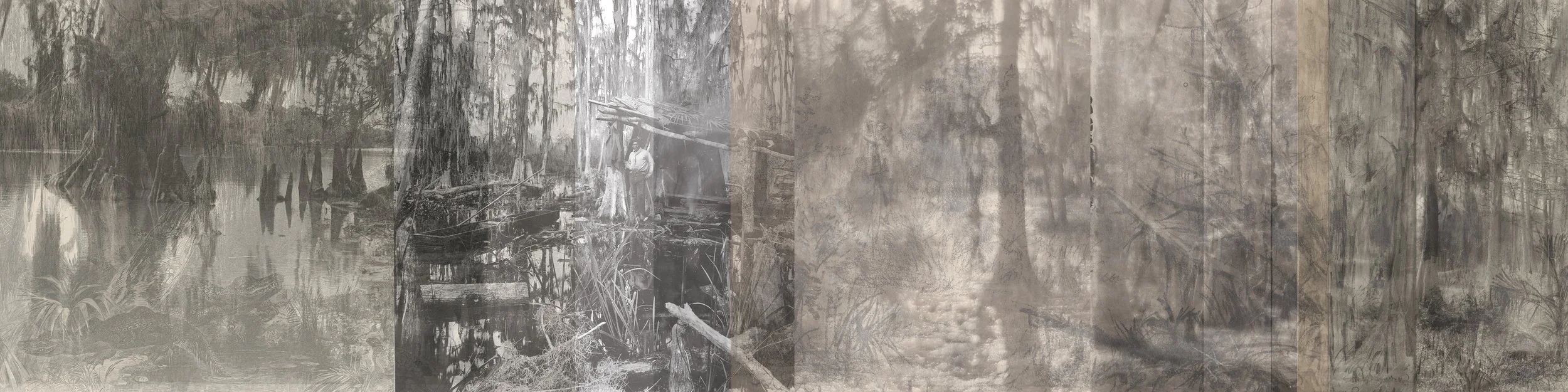 Ghost Cypress (layer of [NO]Vacancy), digital collage (shown here), applied as image transfer to cheesecloth for mixed media collage