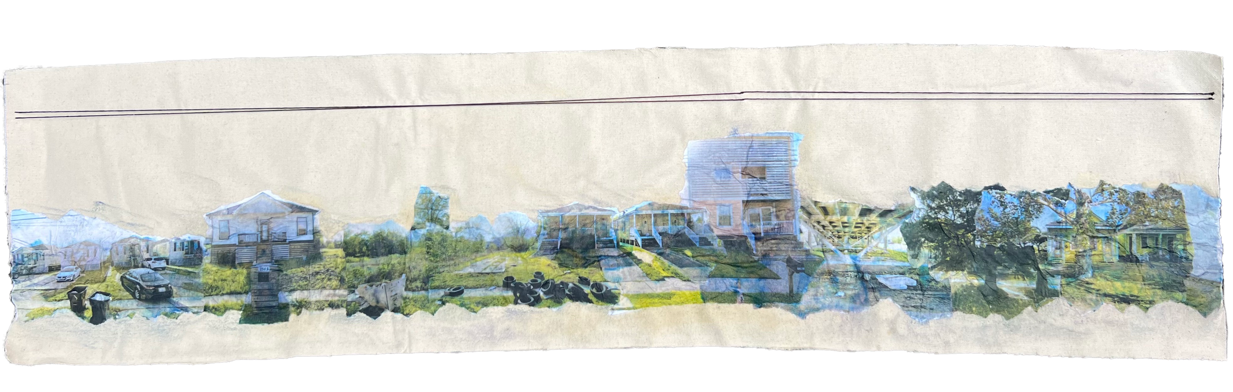 [NO]Vacancy on Jourdan Ave base layer, mixed media collage (wheat pasted photos and embroidery on canvas)