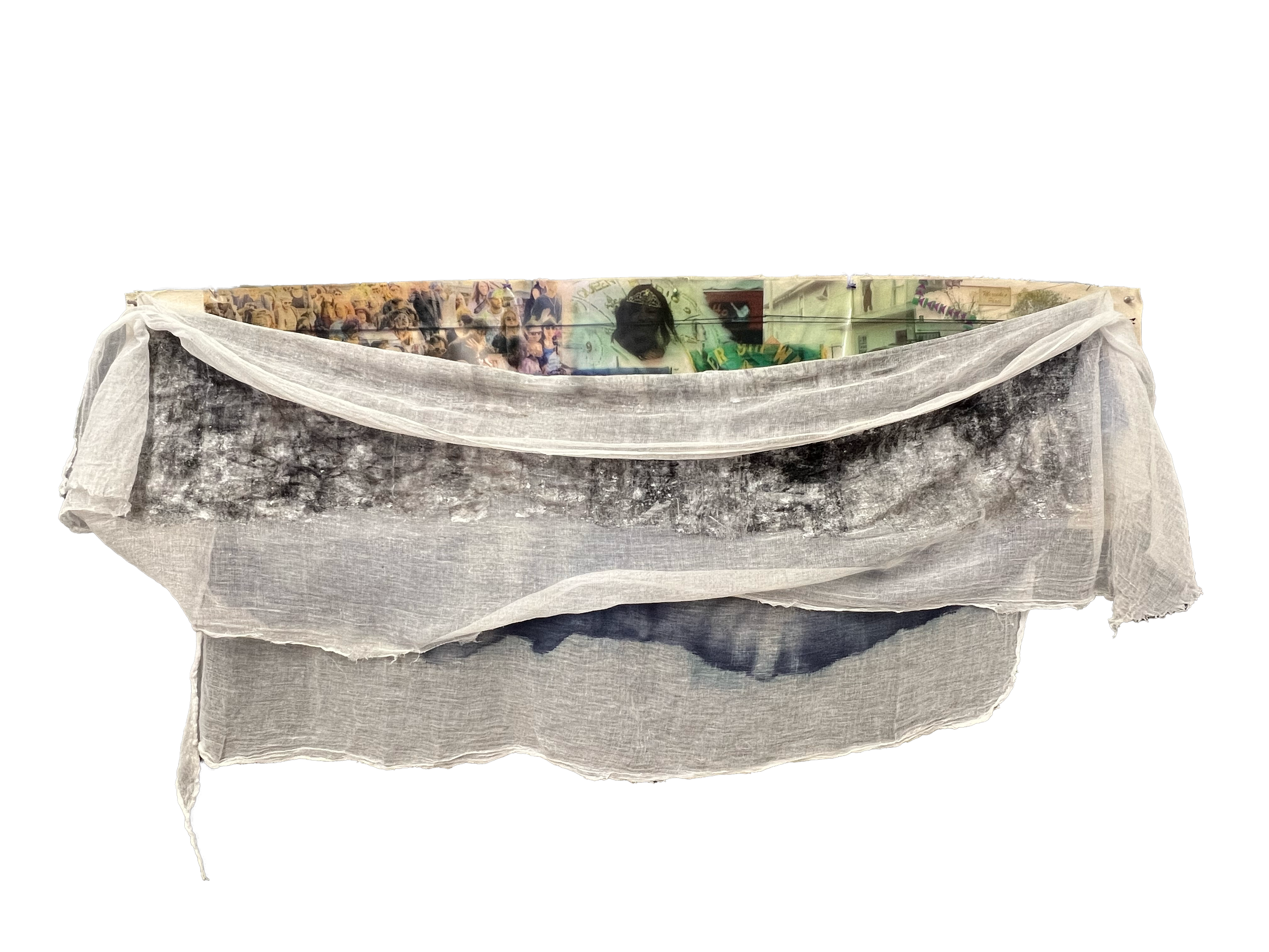 [NO]VACANCY on Jourdan Ave, 
24 x 48 inches, 
Mixed media collage,

An interactive collage of wheat paste, cyanotype, and image transfer printing on fabric layers reveal ghostly memories of historical ecology, cultural practices, flooding, and the bu