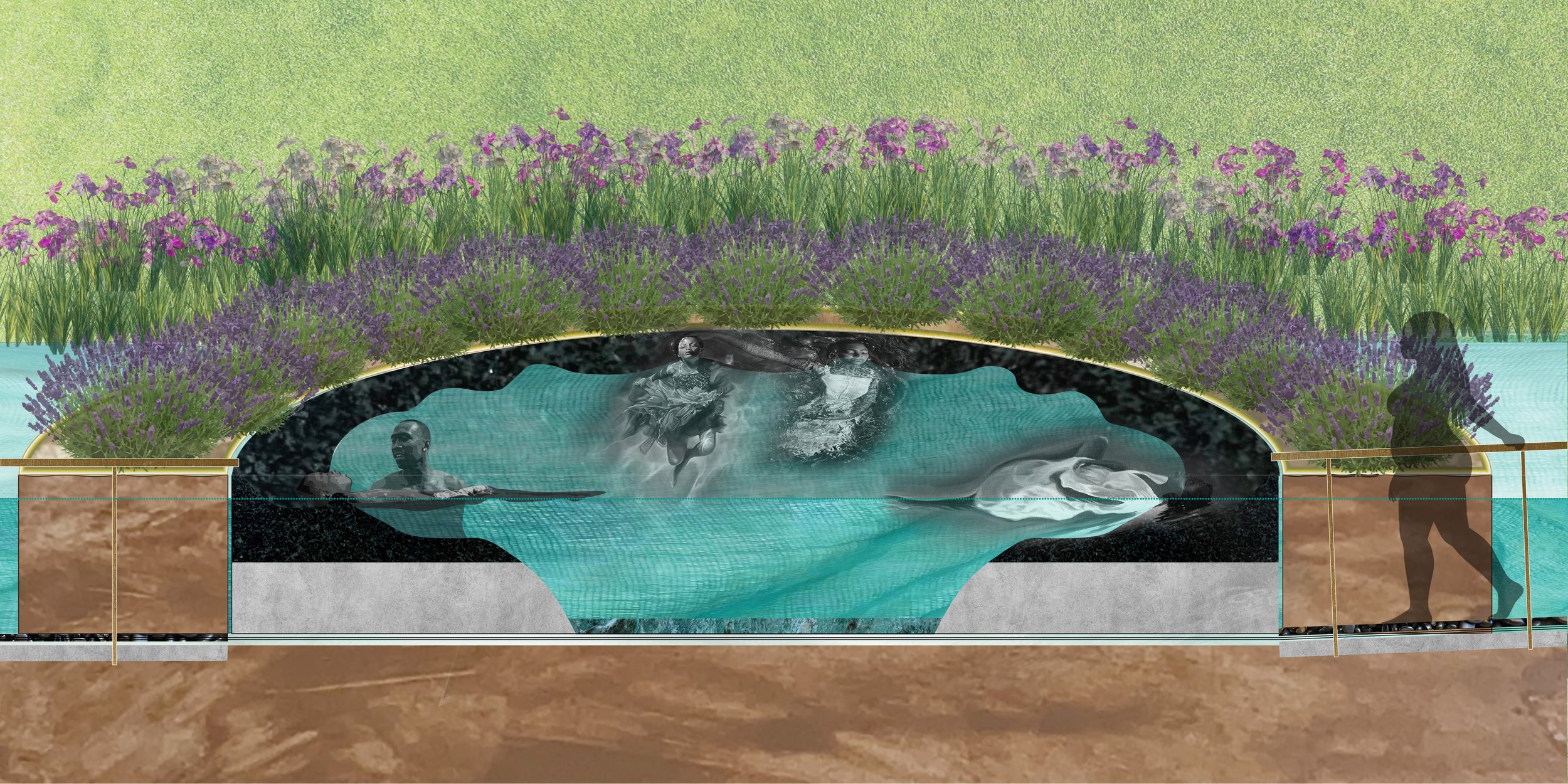 “Float Oasis” section perspective collage including paintings by Calida Rawles