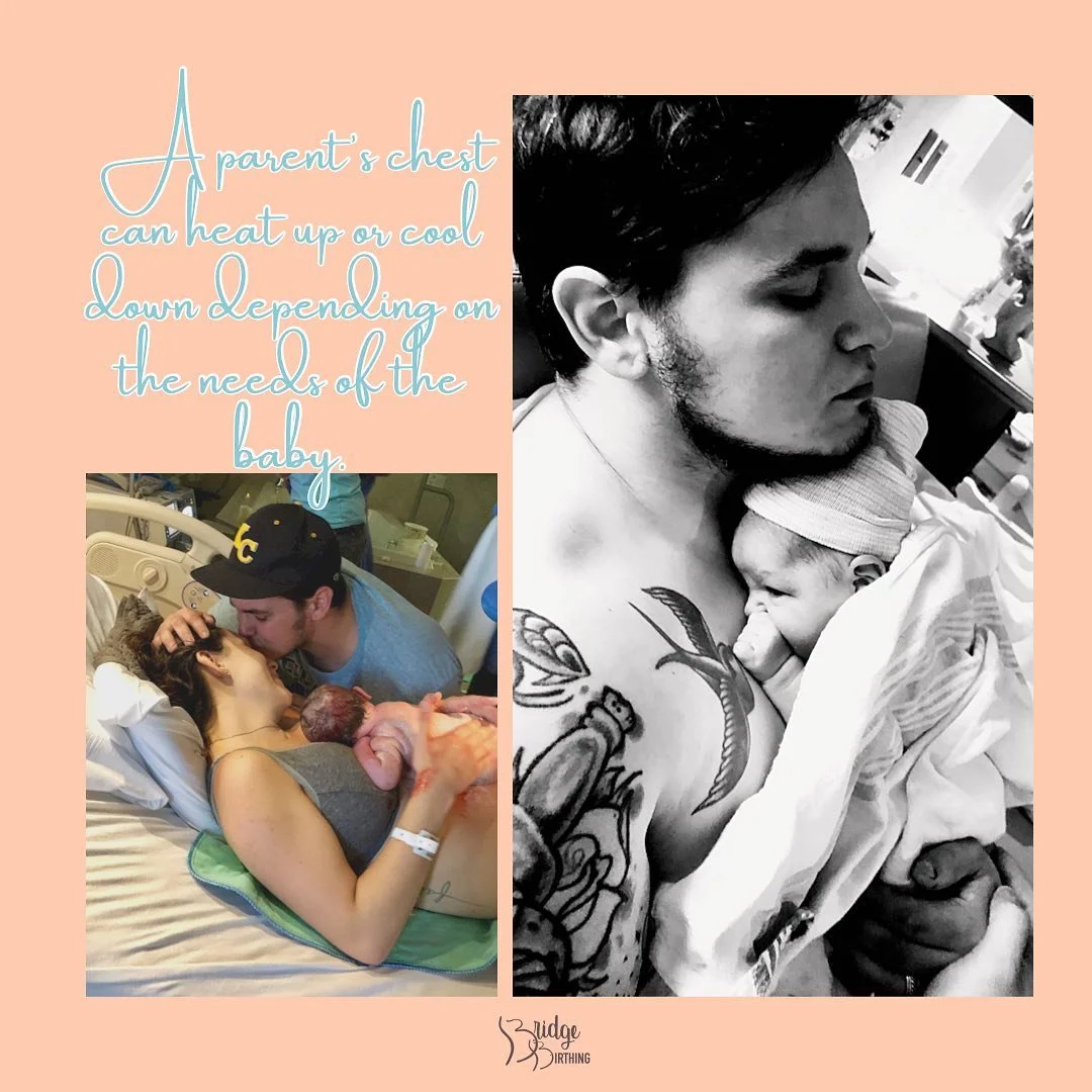 “After birth, when the newborn is placed on the parent's chest skin to skin, the parent's chest area has the ability to flush and heat up or even cool down based on feedback from the newborn's skin and body temperature. This allows the newborn