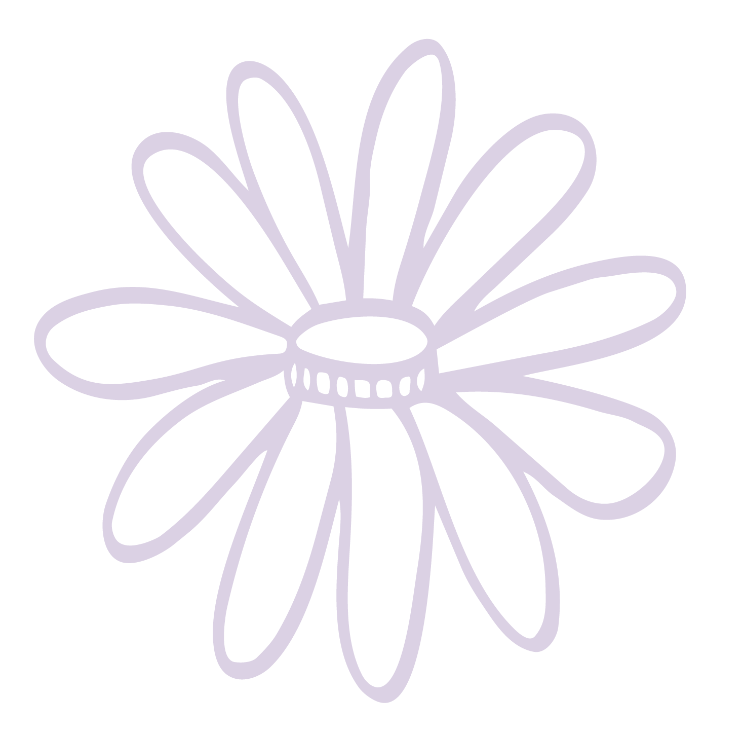 A digital drawing of a daisy flower with purple outlines.