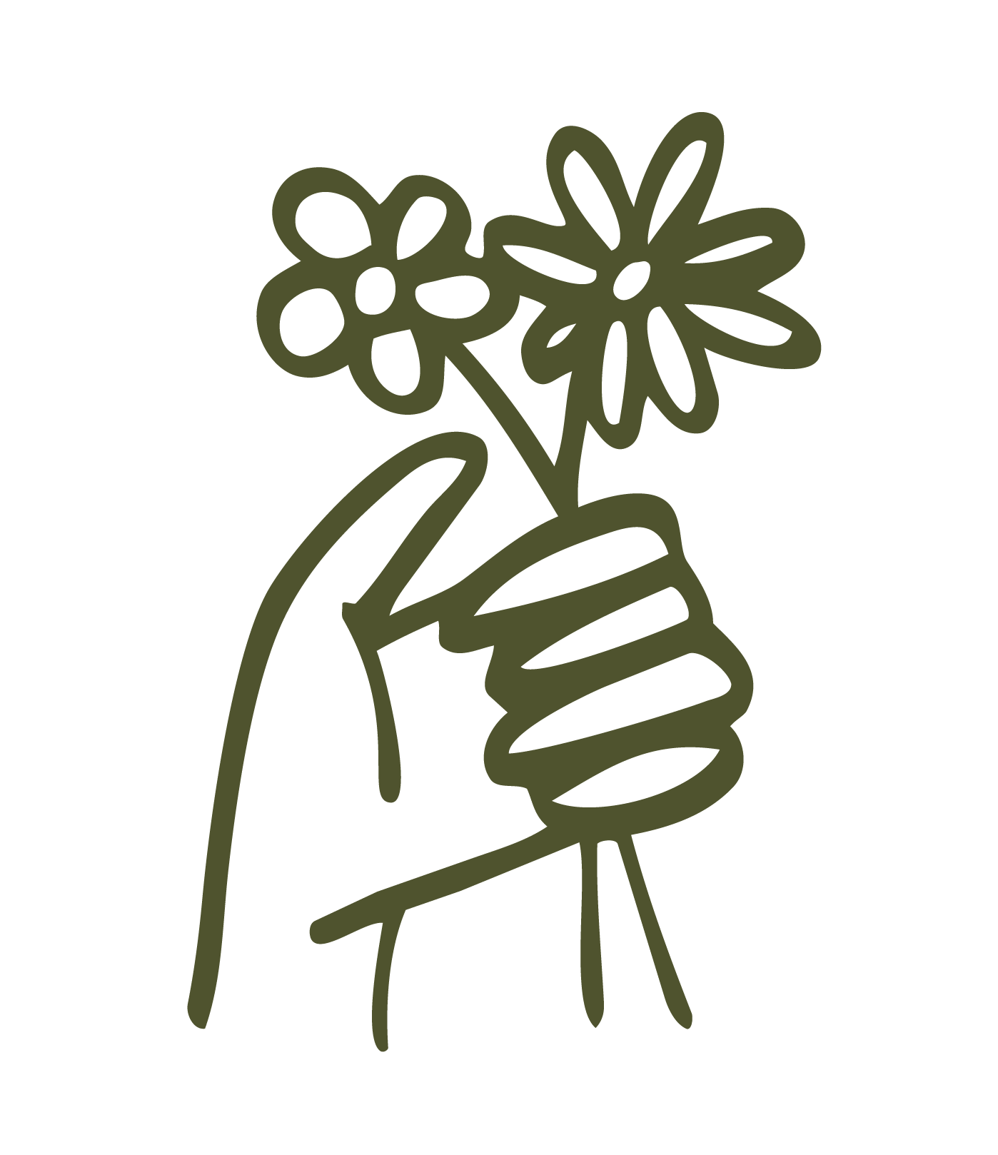 Line drawing of a hand holding a bouquet of two flowers