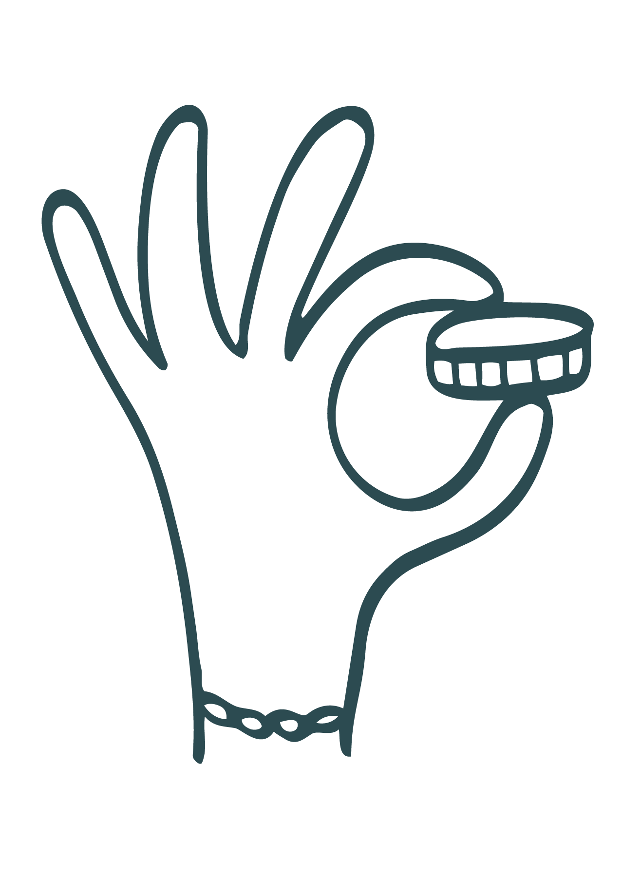 Line drawing of a hand holding a coin.