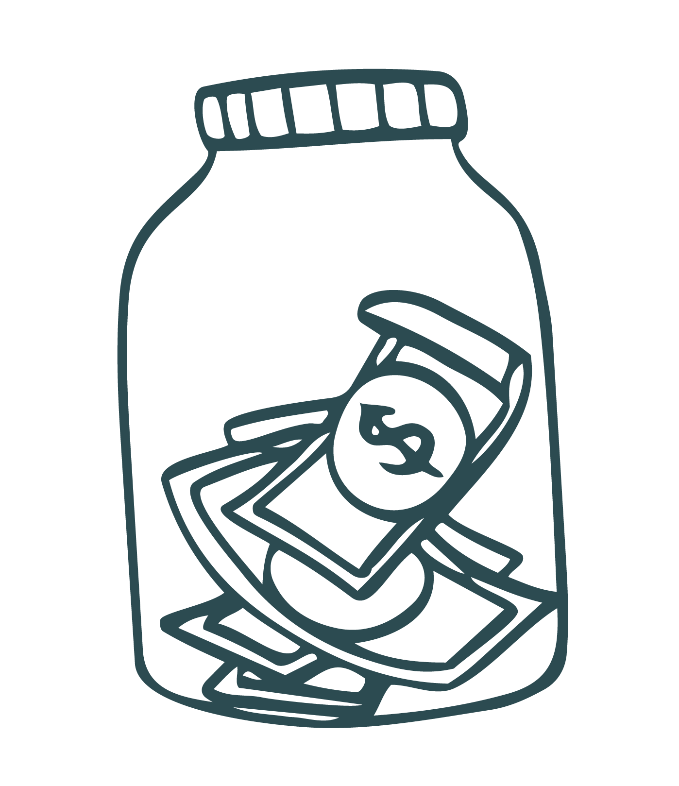 Drawing of a jar filled with money, including dollar bills and coins to refer to bookkeeping.