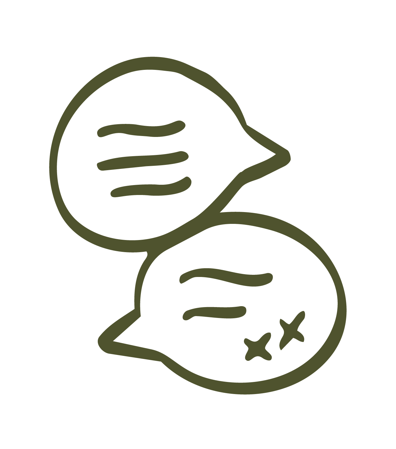 Line drawing of two speech bubbles, one with x's signifying kisses blown.