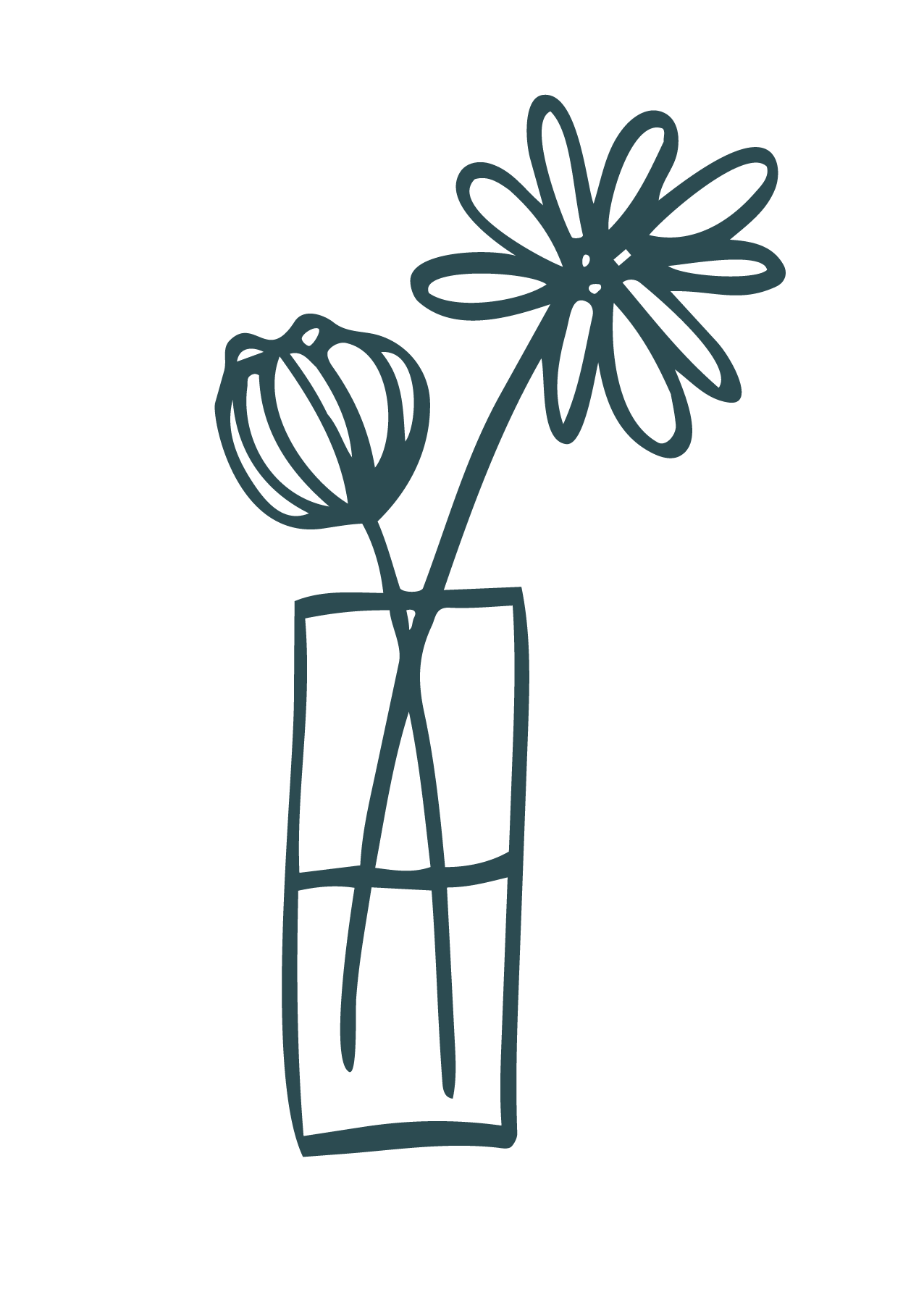 Line drawing of a vase with a large flower and a smaller flower.