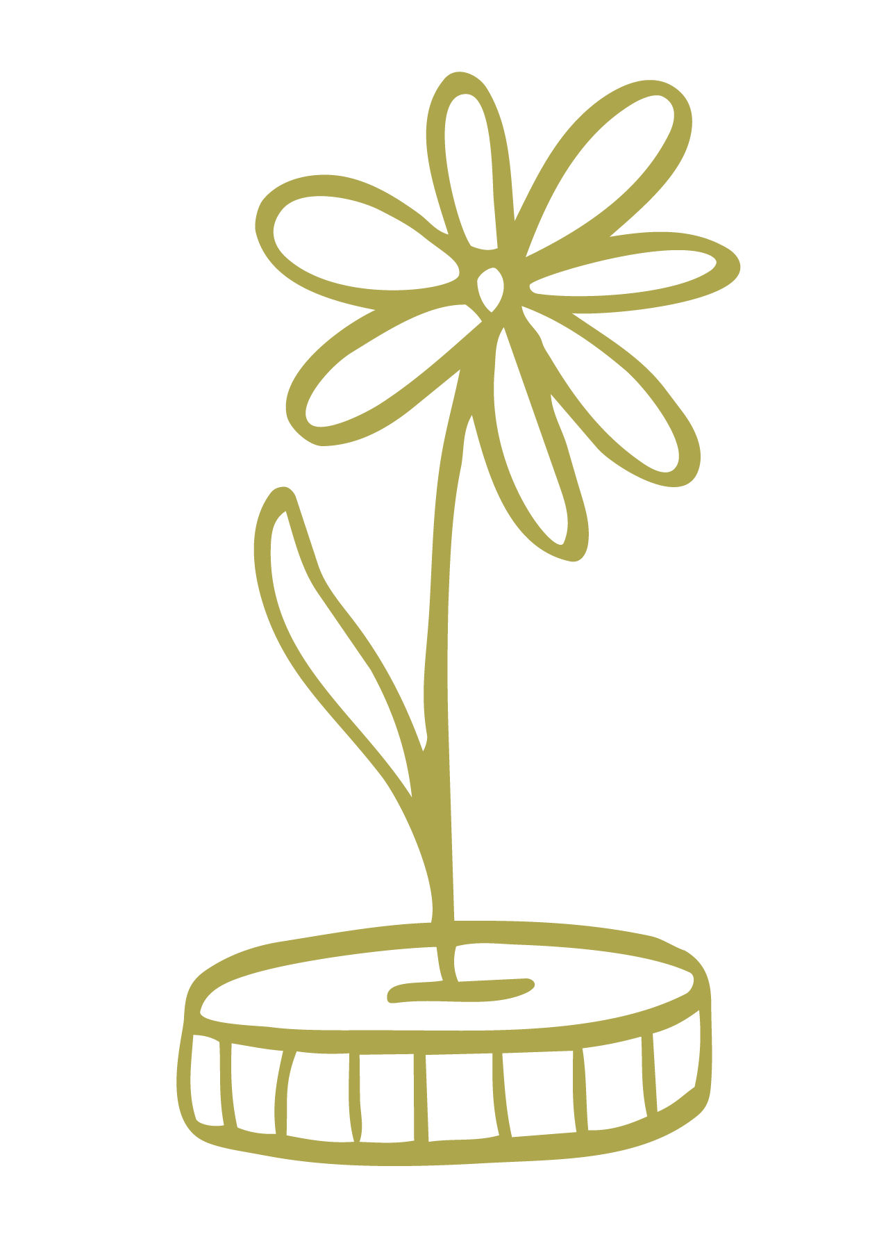 A minimalist line drawing of a flower with a long stem, petals, and a single leaf, emerging from a coin.