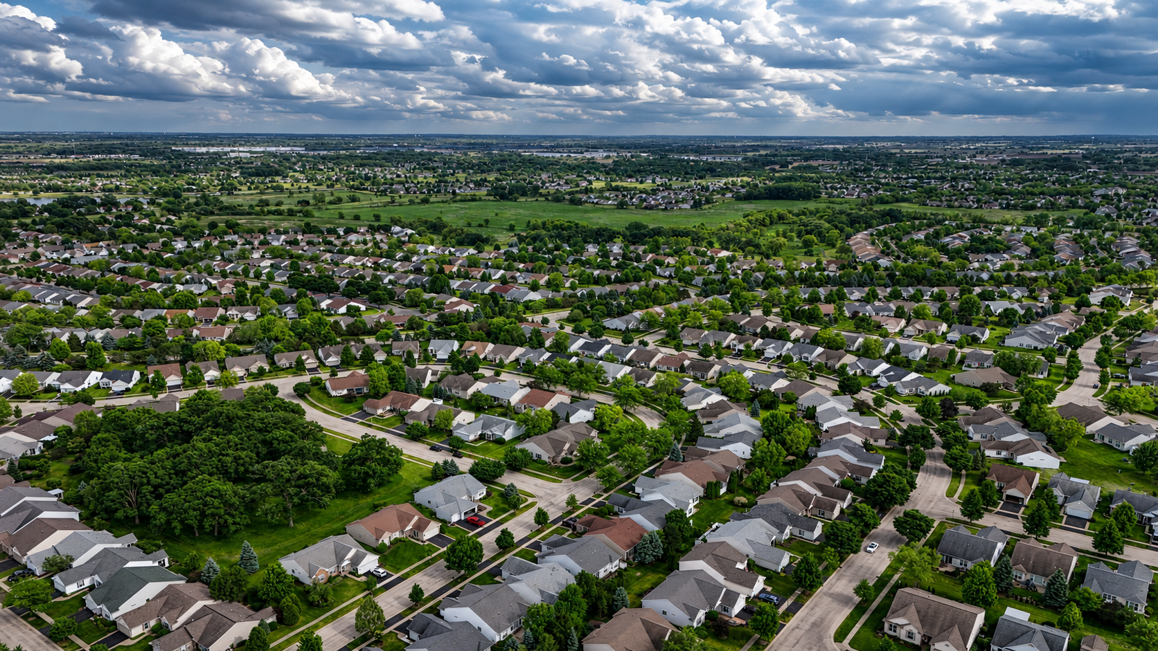 Aerial drone photography of a residential neighborhood in Huntley Illinois