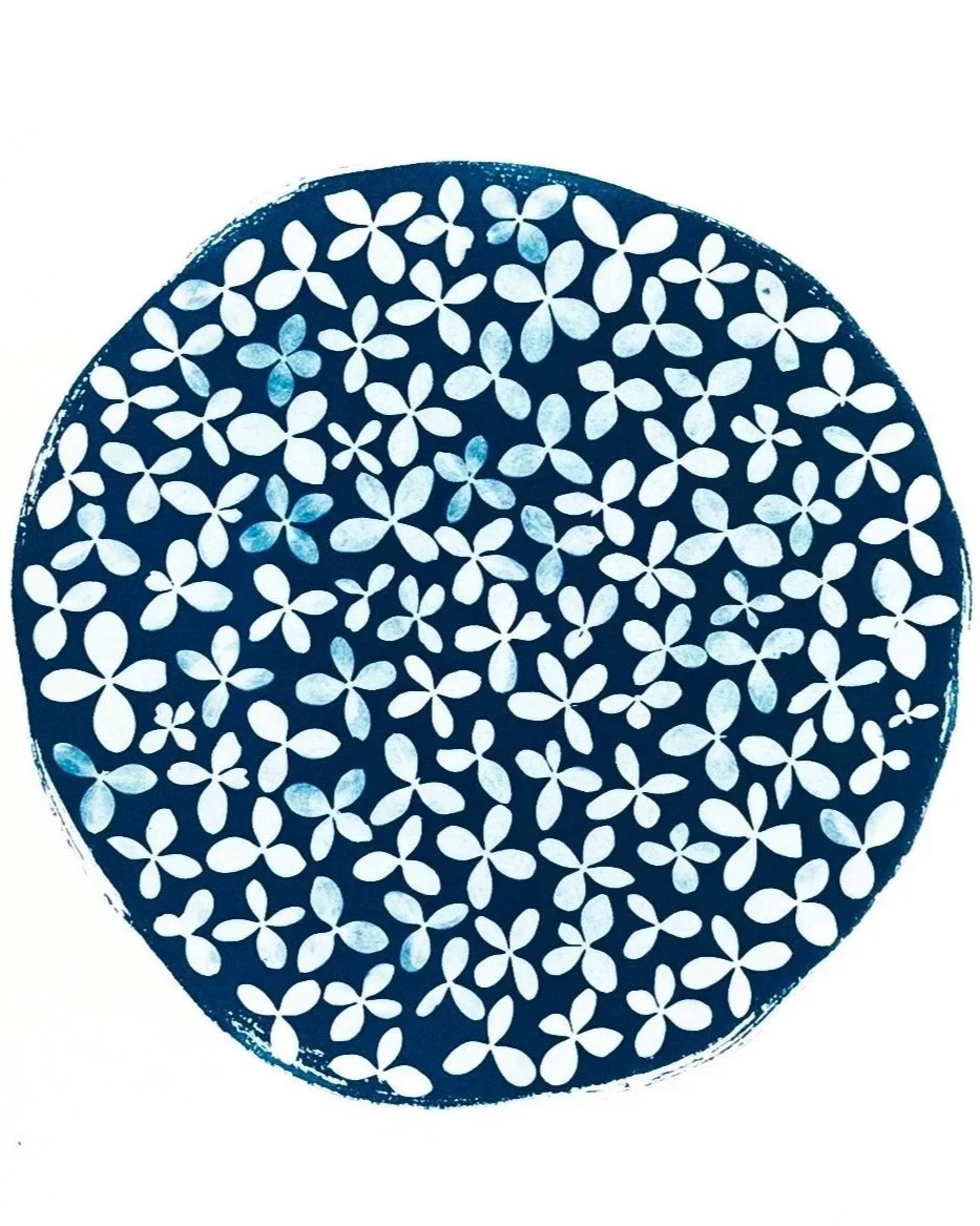 Cyanotype Art (Print)- 12x12in- “Pressed Hydrangea Circle”
