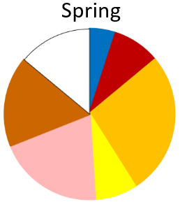 Anchovies (blue) and cooler-water Sprat (red), Tarakihi (orange), Cockabullies (Triplefins – yellow), Blue warehou (pink), and  Morey eels (brown) were the most important prey families. Lanternfishes also occurred (light green, not visible in pie cha
