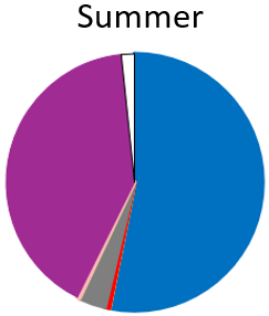 Anchovies (blue) and Gurnards (purple) were important. Also found were Silver sweep (bright red), Barracouta (dark grey), Pacific saury (pink), Tarakihi (dark yellow), Tuna (dark green) and Warehou (dark pink). “Other” prey (white) included Whitebait