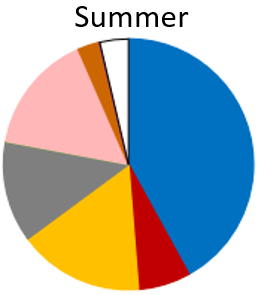 This sample had Anchovies (blue), Slender and Stout sprat (red), Tarakihi and Morwong (yellow), Barracouta (grey), Warehou ( pink). Morey eels (brown), Gurnards (purple, not visible in pie chart), Tuna (dark green, no visible in pie chart) were also 