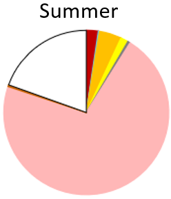 Most of the prey was Warehous (pink). Also recorded was Tarakihi (dark yellow), Cockabullies ( Triplefins, bright yellow), Slender sprat (red). Not visible in the pie chart were Needlefishes (light blue), Morey eels (brown) and Barracouta (grey).  “O