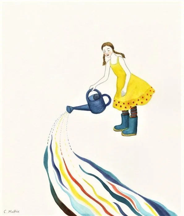 "Feeding the River," Christen Mattix, watercolor and pencil, 9 x 12 inches.